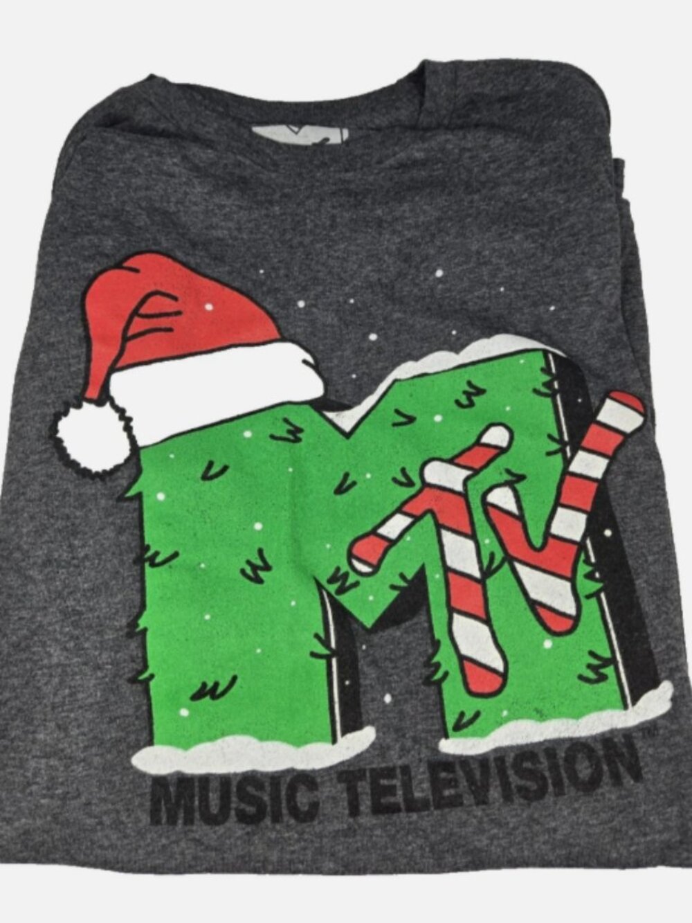 MTV Christmas Shirt Mens Medium Holiday Logo Santa Hat Charcoal Gray Graphic Tee